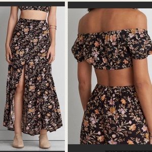 American Eagle black floral maxi dress croptop set